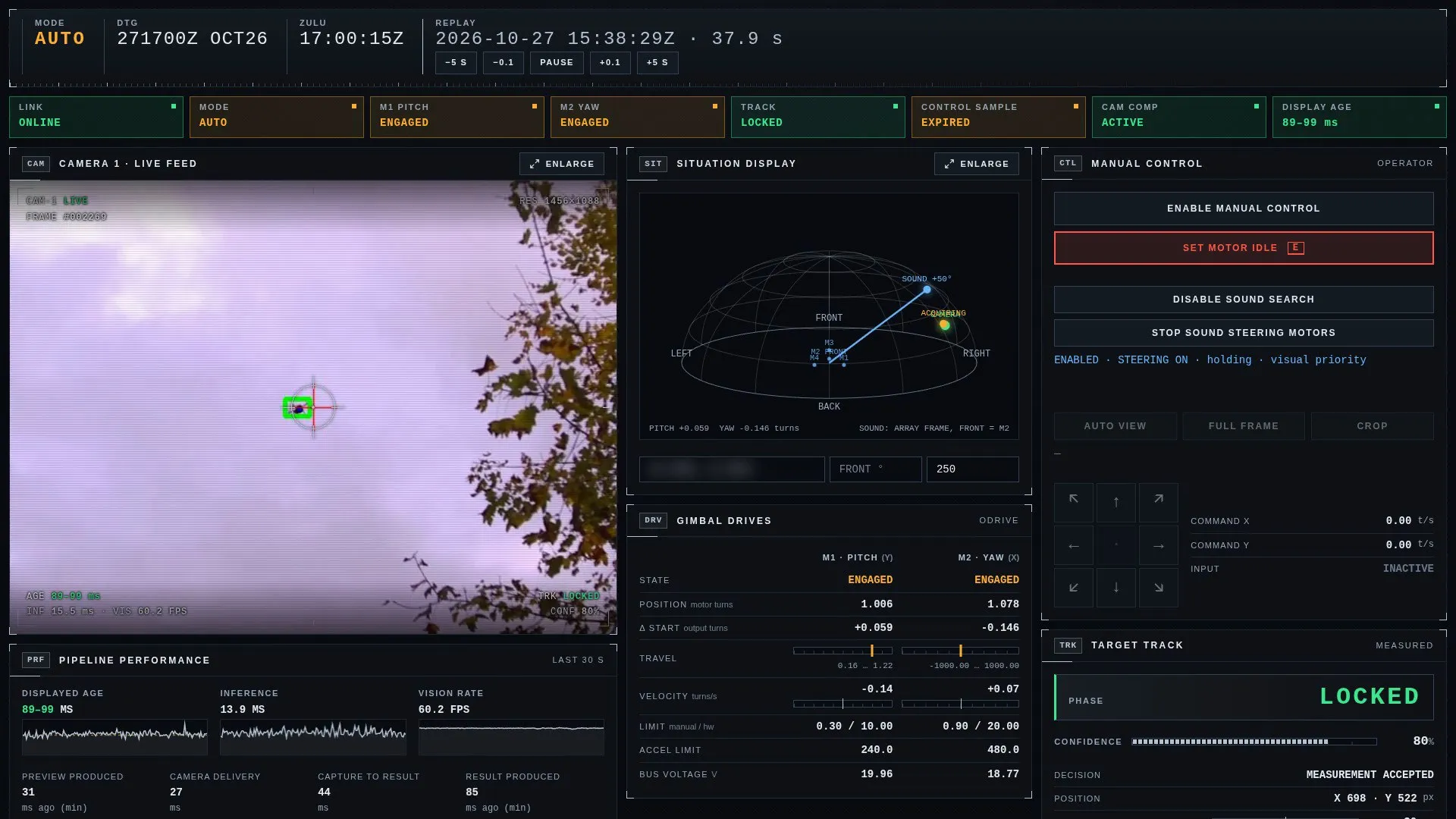 Keystone user interface: camera feed with locked drone, 3D sound-direction display, motor status and track lock